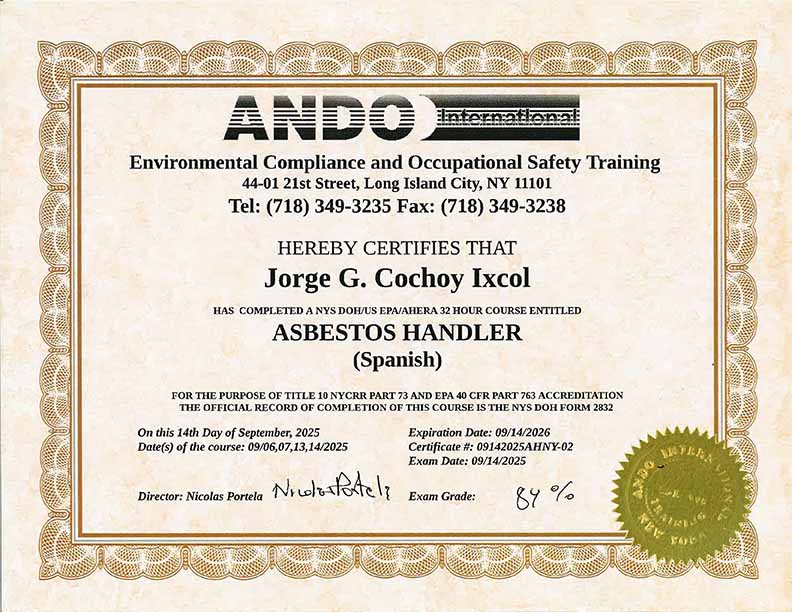 Jorge Cochoy Asbestos Handler License